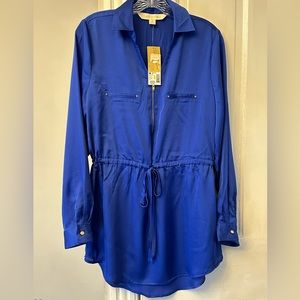 Niki Minaj Womens M Top Tunic Blue Tie Cinch Waist V-Neck Long Sleeve 6353